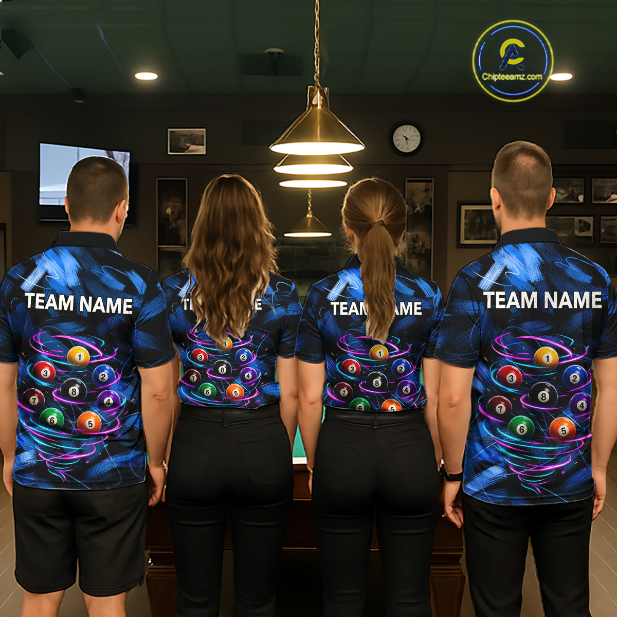 Women's billiard team wearing Neon Blue Light custom billiards uniforms, personalized pool team jerseys