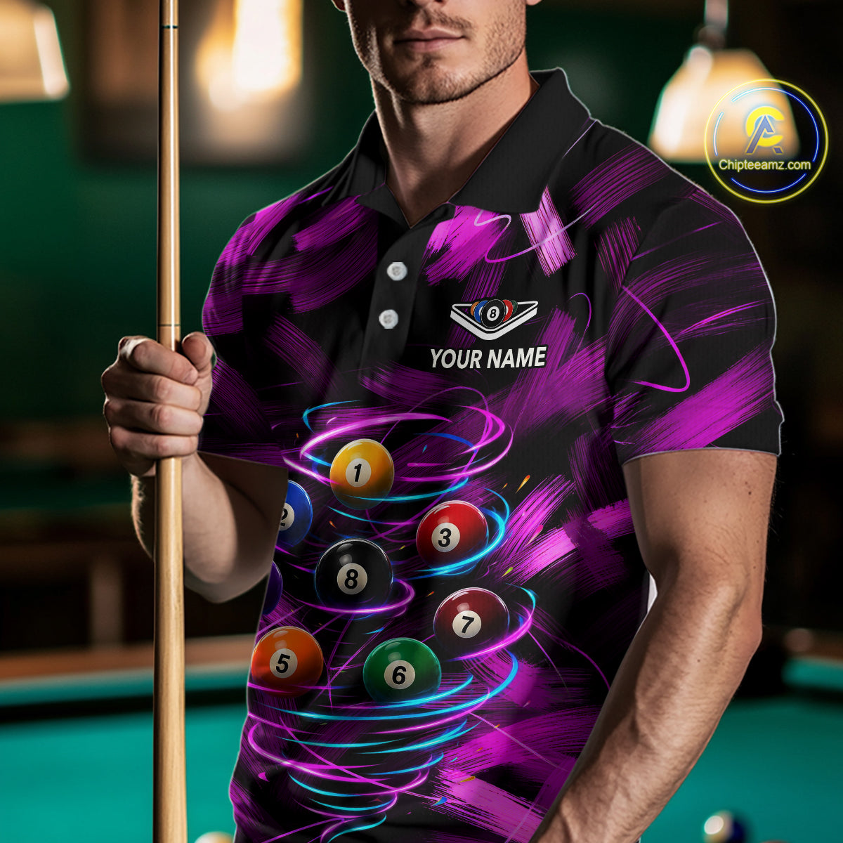 Male pool player wearing Neon Pink Light billiard ball jersey during billiards tournament and league competition