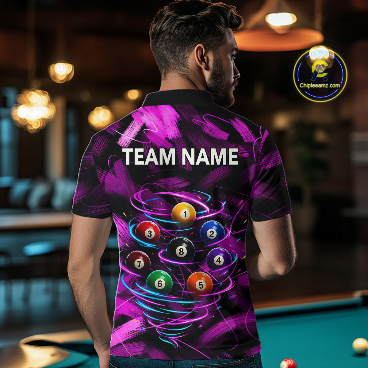Male pool player wearing Neon Pink Light billiard ball jersey during billiards tournament and league competition