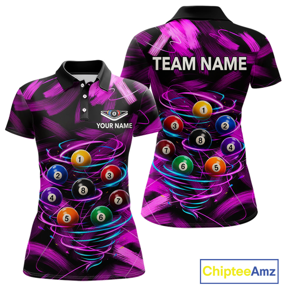 Neon Pink Light billiard ball women's billiard polo shirt custom brush paint pool jersey, personalized billiards team apparel