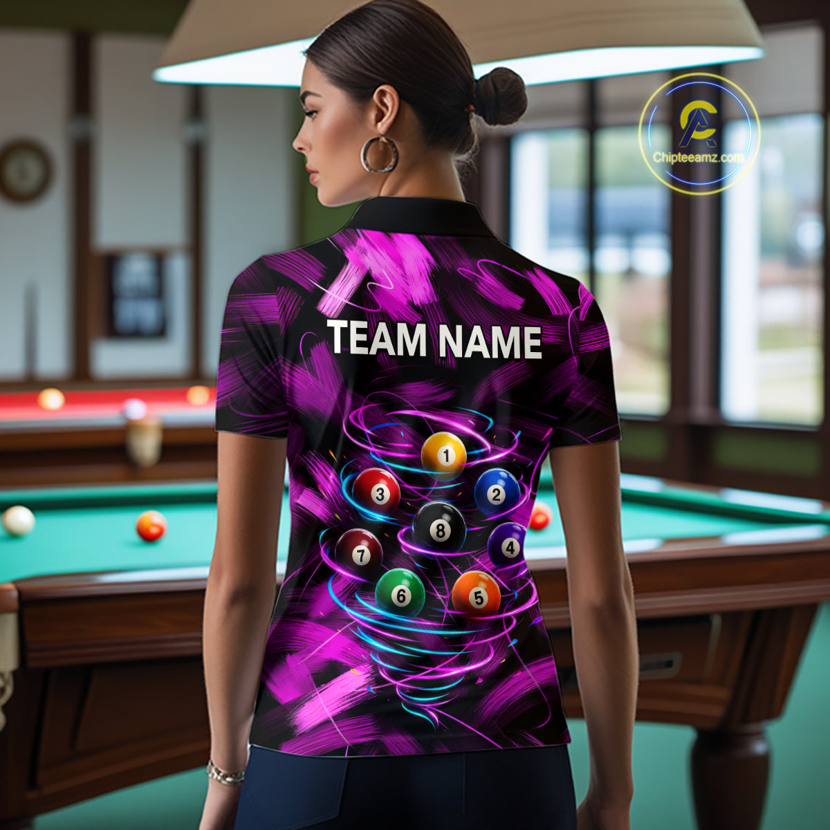Female pool player wearing Neon Pink Light billiard ball jersey during billiards tournament and league competition