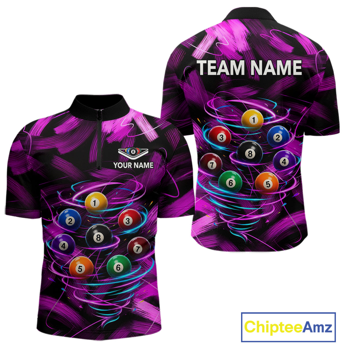 Neon Pink Light billiard ball men's quarter zip billiard shirt custom pool league jersey, cue sports uniform