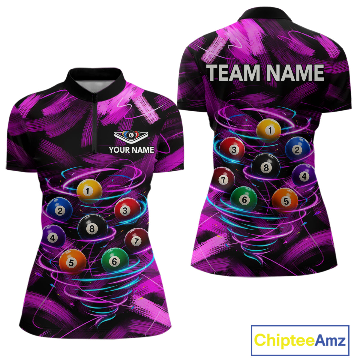 Neon Pink Light billiard ball women's quarter zip billiard shirt custom pool league jersey, cue sports uniform