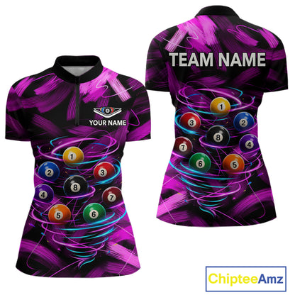 Neon Pink Light billiard ball women's quarter zip billiard shirt custom pool league jersey, cue sports uniform