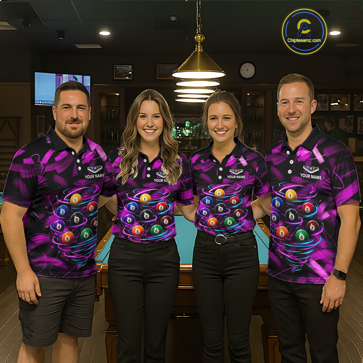 Men women billiard team wearing Neon Pink Light custom billiard uniforms, professional pool team jerseys