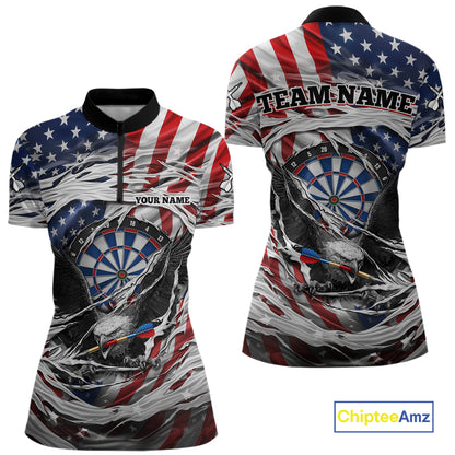 Eagle Plays Dart Arrow Freedom Patriotic Darts Quarter-zip Shirt Personalized US Flag Women Dart Jerseys NYN2519