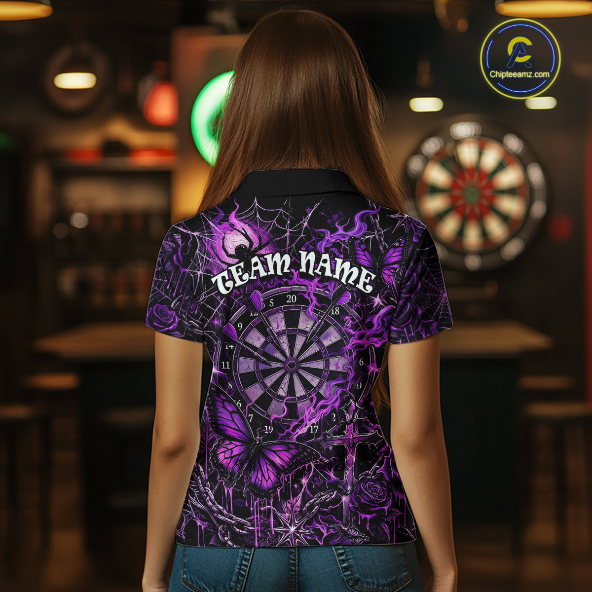 Custom Purple Skull Butterfly Women Dart Shirts Spider Smoke Dartboard Darts Polo & 1/4-Zip Jerseys NYN3076
