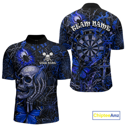 Custom Blue Skull Butterfly Mens Dart Shirts Spider Smoke Dartboard Darts Polo & 1/4-Zip Jerseys NYN3077