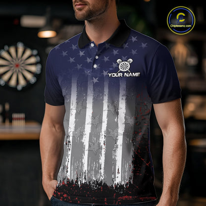 Gray, Blue And Red Grunge US Flag Darts Polo & 1/4-Zip Shirt Custom Patriotic Dart Jersey For Men NYN3081