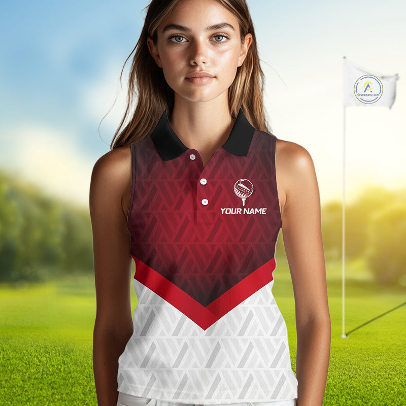 White And Red Geometric Golf Sleeveless Polo Golf Shirts For Women Personalized Golf Team Attire NYN3249