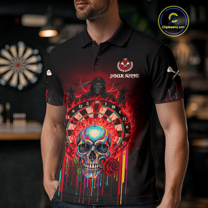 Custom Red Flames Grim Reaper Dartboard Men Darts Polo Shirt Rose Skulls Darts Jersey NYN1975
