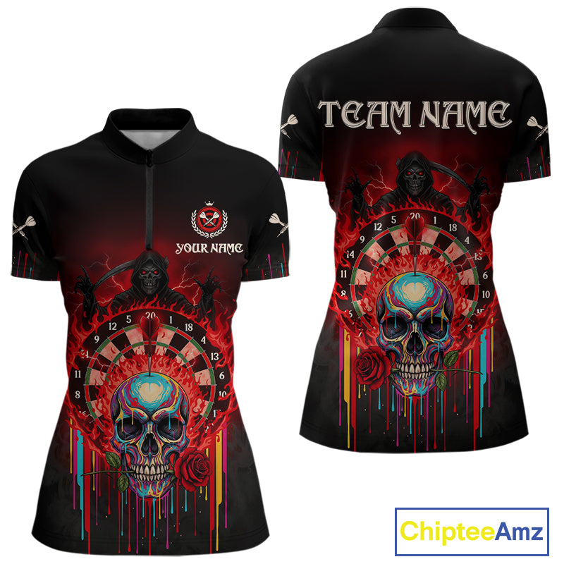 Custom Red Flames Grim Reaper Dartboard Men Darts Polo Shirt Rose Skulls Darts Jersey NYN1975