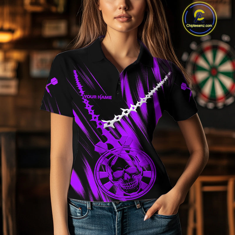 Custom White Chain Purple Skull Dartboard Dart Women Polo Jerseys Grunge Dart Shirt NYN1717