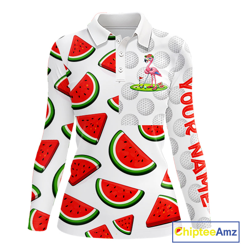 Tired Flamingo Watermelon Pattern Womens Golf Polo Shirts Custom Funny Golfing Flamingo Golf Shirts NYN2882