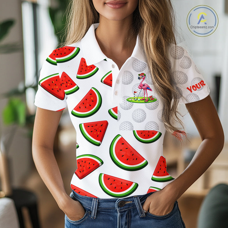 Tired Flamingo Watermelon Pattern Womens Golf Polo Shirts Custom Funny Golfing Flamingo Golf Shirts NYN2882