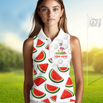 Tired Flamingo Watermelon Womens Sleeveless Golf Polo Shirts Custom Funny Golfing Flamingo Golf Shirts NYN2882