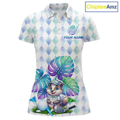 Funny Womens Golf Polo Shirt Holographic Argyle Monstera Golf Ball Personalized Raccoon Golf Shirts NYN3094