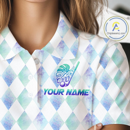 Funny Womens Golf Polo Shirt Holographic Argyle Monstera Golf Ball Personalized Raccoon Golf Shirts NYN3094