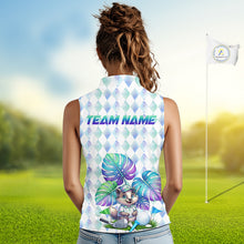 Load image into Gallery viewer, Funny Womens Golf Sleeveless Polo Shirt Holographic Argyle Monstera Golf Ball Personalized Raccoon Golf Shirts NYN3094
