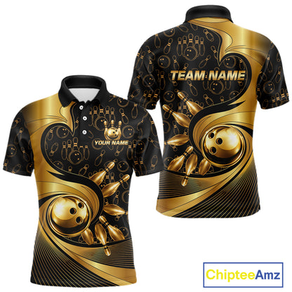 Black And Gold Strikes Bowling Ball & Pins Shirt For Men Custom Bowling Team Attire NYN3275