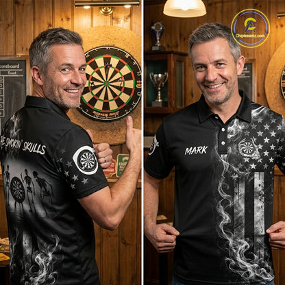 White Smokes American Flag Mens Patriotic Darts Shirt Custom Funny Skeleton Funny Dart Jerseys NYN3564