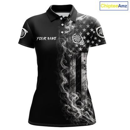White Smokes American Flag Skeleton women's patriotic darts polo shirt, USA dart jersey, custom patriotic dart team apparel