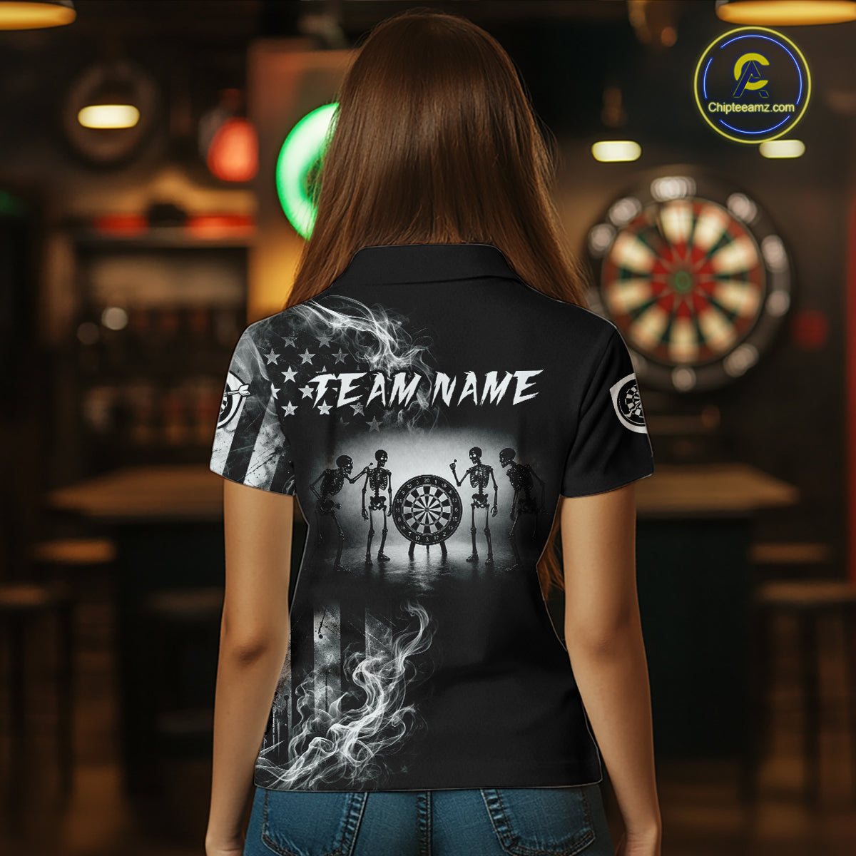 Female darts player wearing American Flag Skeleton patriotic dart jersey during league and national tournament events