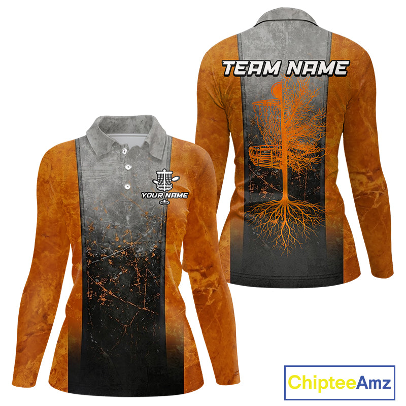 Disc Golf Basket Grunge Orange Womens Disc Golf Polo Shirts Custom Disc Golf Jerseys Team Shirts For Women NYN3112