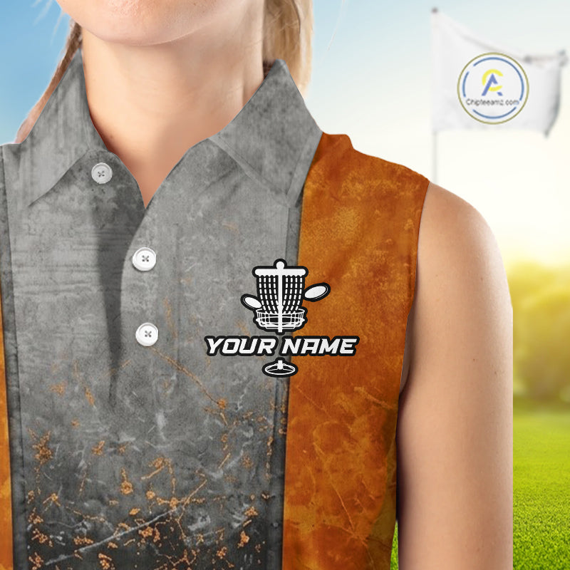 Disc Golf Basket Grunge Orange Womens Disc Golf Sleeveless Polo Shirts Custom Disc Golf Jerseys For Men NYN3112