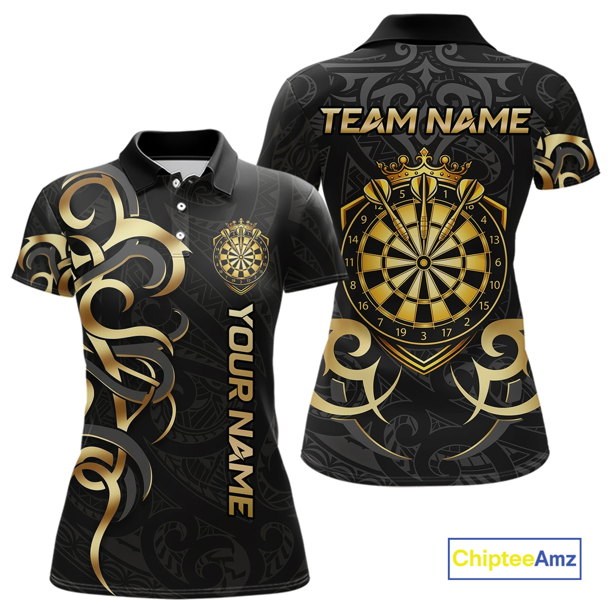 Custom Black And Gold Crown Dartboard Darts Women Polo 14-Zip Shirt, Polynesian Tribal Darts Attire NYN3119