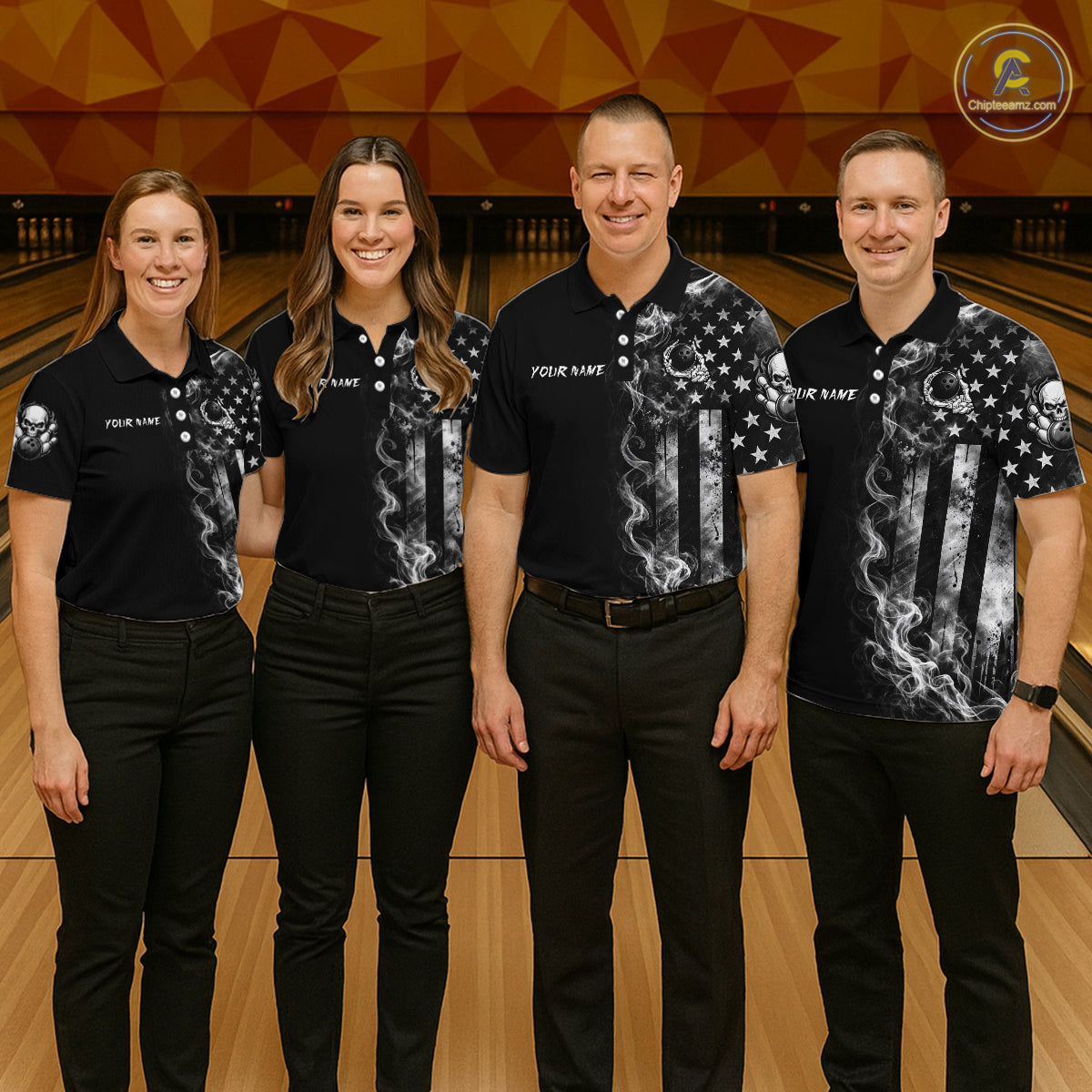 Smoke American Flag Women Bowling Polo 1/4-Zip Shirt Custom Skeleton Youth Bowling Outfits | White NYN3286