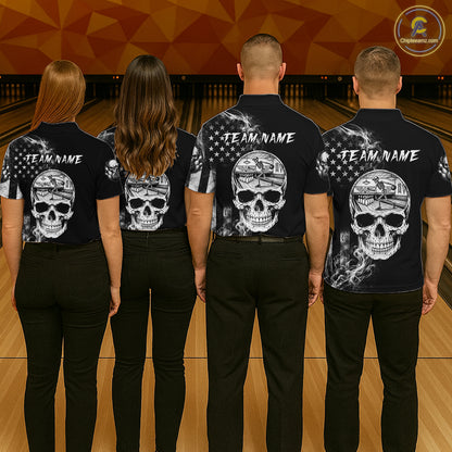 Smoke American Flag Women Bowling Polo 1/4-Zip Shirt Custom Skeleton Youth Bowling Outfits | White NYN3286
