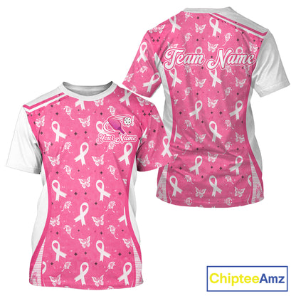 Custom  Pink Ribbon Pickleball T-Shirts For Men Butterfly Breast Cancer Awareness Pickleball Outfits NYN3860