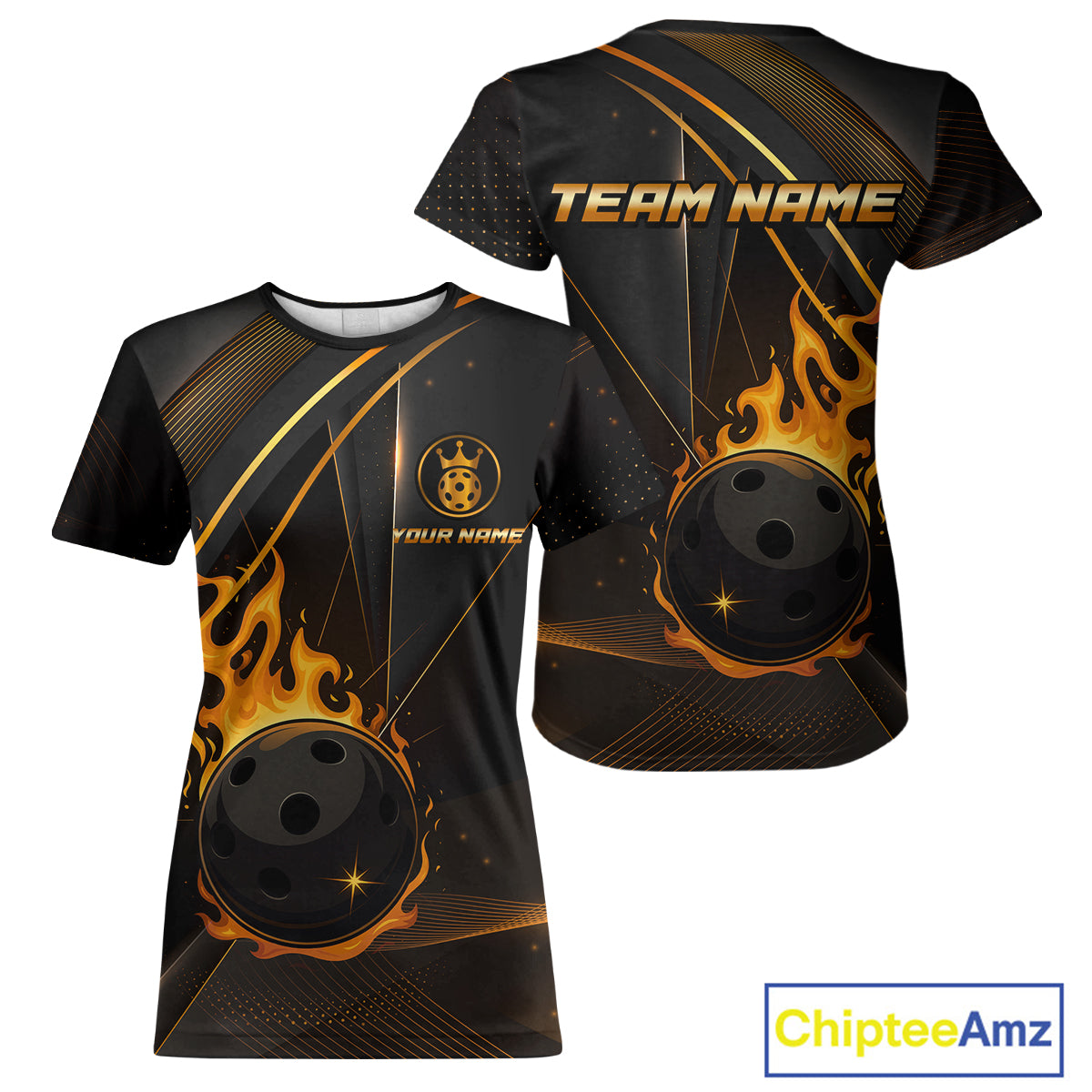 Custom Black And Gold Pickleball Ball T-Shirt For Women Flames Pickleball Team Jersey NYN1482