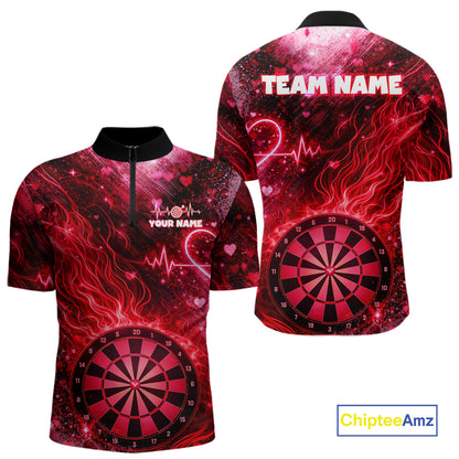 Heart Beat Red Grunge Flame Dartboard Men Darts Valentine Shirt Custom Dart 1/4-Zip Couple Gifts NYN2535