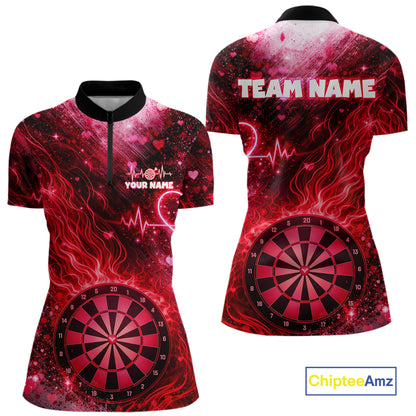 Heart Beat Red Grunge Flame Dartboard Women Darts Valentine Shirt Custom Dart 1/4-Zip Couple Gifts NYN2535