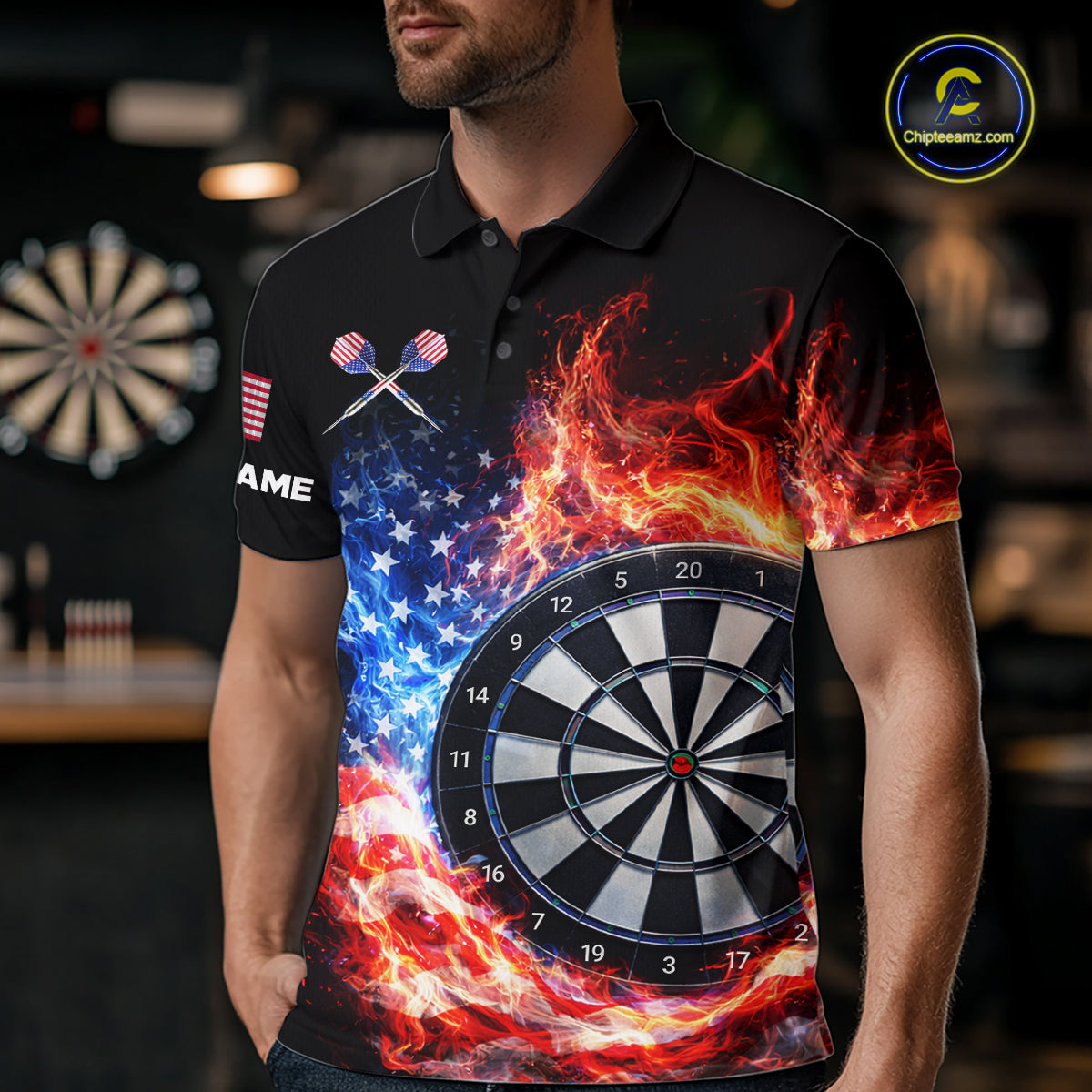 American Flag Fire Flame Smoke Dartboard Men Darts Polo Shirt Custom Dart Team Jersey Gifts NYN2537