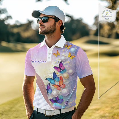 Colorful Butterfly Mens Golf Polo Shirt Custom Name Floral White Golf Ball Clothes Jerseys NYN2911