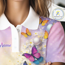 Load image into Gallery viewer, Colorful Butterfly Womens Golf Polo Shirt Custom Name Floral White Golf Ball Clothes Jerseys NYN2911
