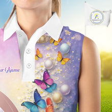 Load image into Gallery viewer, Colorful Butterfly Womens Sleeveless Golf Polo Shirt Custom Name Floral White Golf Ball Jerseys NYN2911