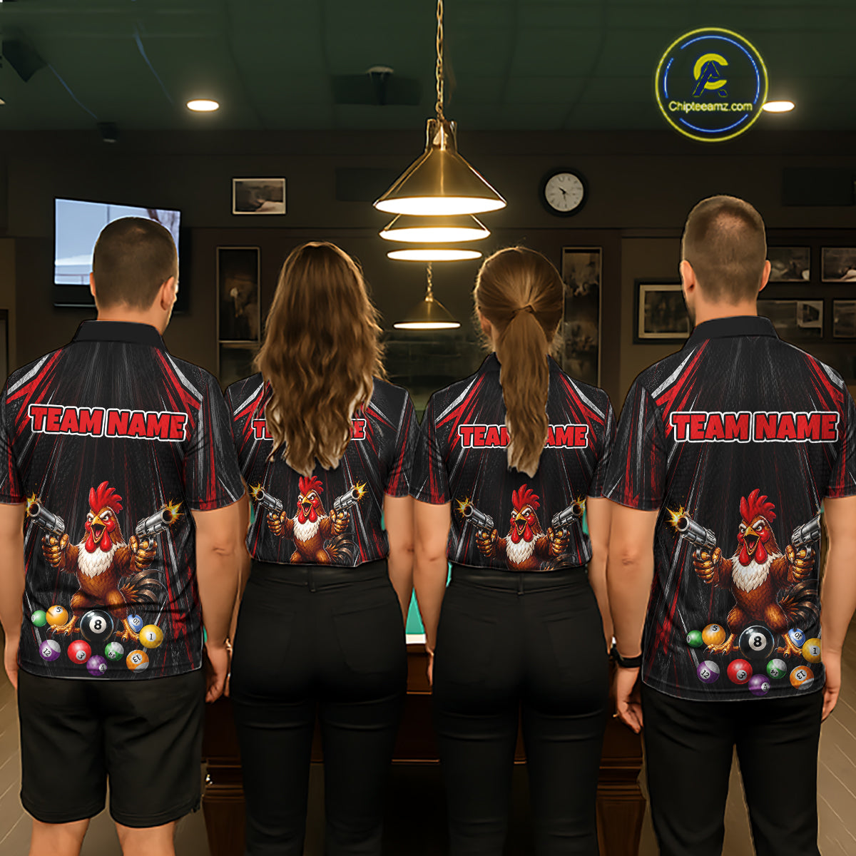 Black And Red Grunge Rooster Gun 8 Ball Mens Billiard Polo Shirts Custom Funny Billiard Team Apparel NYN3297