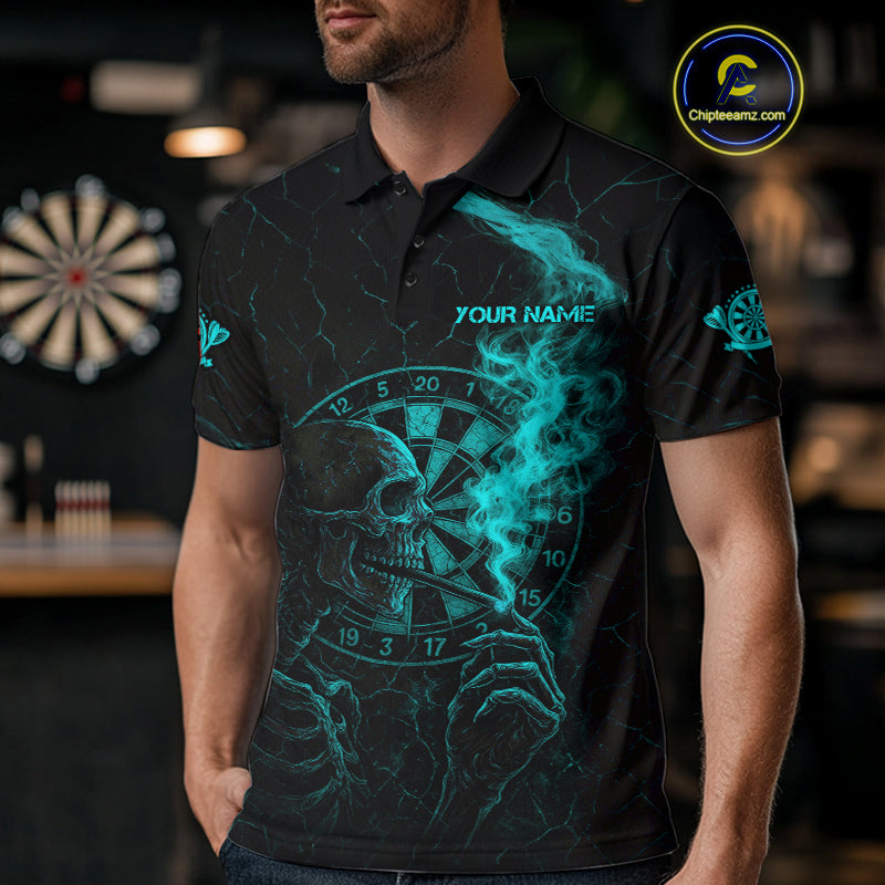 Teal Smoking Skeleton Bone Cracked Dartboard Custom Men Polo Dart Jerseys Dart Gifts NYN2034