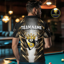 Load image into Gallery viewer, Grey, Black And Gold 8 Ball Crown Billiard Polo &amp; 1/4 Zip Shirt For Men Custom Pool Team Jersey NYN2921