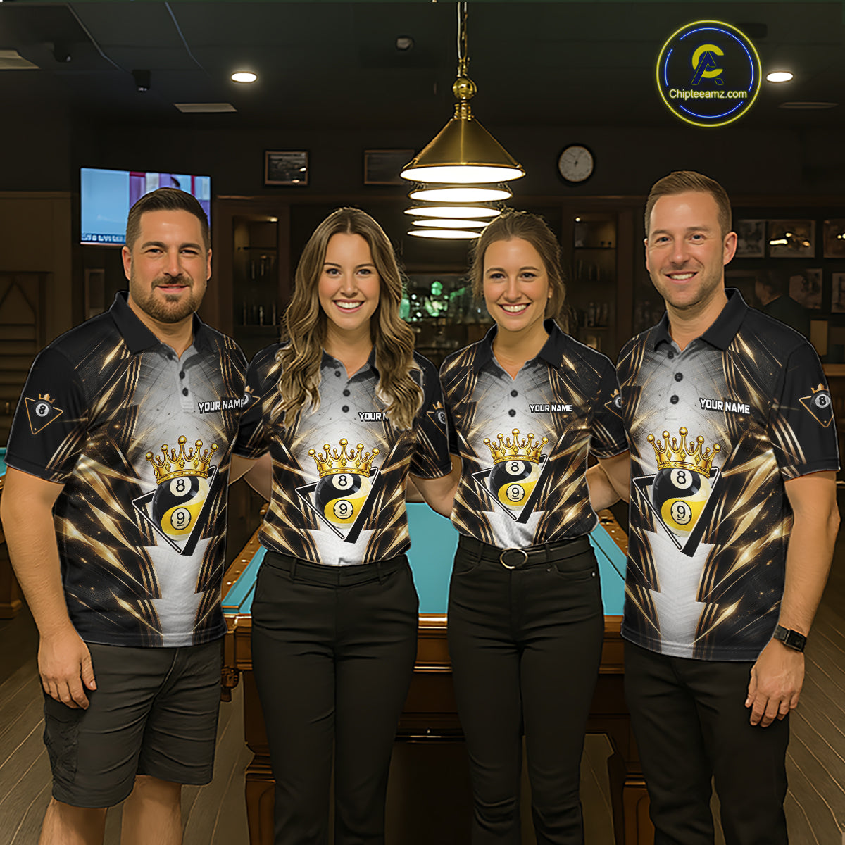 Grey, Black And Gold 8 Ball Crown Billiard Polo & 1/4 Zip Shirt For Women Custom Pool Team Jersey NYN2921