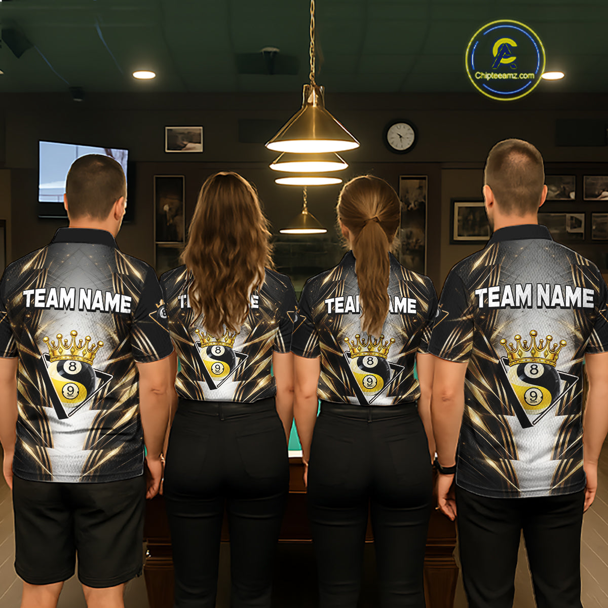 Grey, Black And Gold 8 Ball Crown Billiard Polo & 1/4 Zip Shirt For Women Custom Pool Team Jersey NYN2921