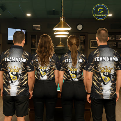 Grey, Black And Gold 8 Ball Crown Billiard Polo & 1/4 Zip Shirt For Women Custom Pool Team Jersey NYN2921