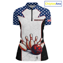 Load image into Gallery viewer, Grunge Patriotic Bowling Jerseys For Women Custom US Flag Bowling Polo 1/4-Zip Shirt, Gift For Bowlers NYN3126