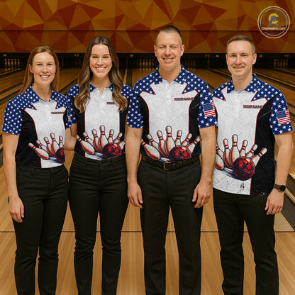 Grunge Patriotic Bowling Jerseys For Men Custom US Flag Bowling Polo 1/4-Zip Shirt, Gift For Bowlers NYN3126