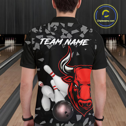 Funny Bull Grunge Red Bowling Polo & 1/4 Zip Shirts For Men Custom Outftis Team Bowling Jerseys NYN3129
