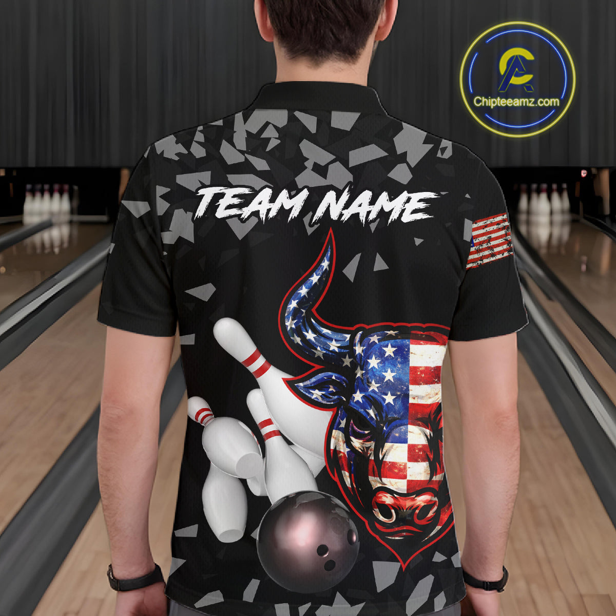 Funny US Flag Bull Grunge Bowling Polo & 1/4 Zip Shirts For Men Custom Team Bowling Jerseys NYN3130